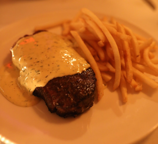 Steak frites with béarnaise sauce at Mowers Café, Deepdene Melbourne